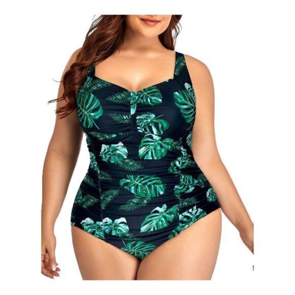 Women's Plus Size Black V-Neck Ruched Swimsuit Green Leaves Size 22 NWT #7402